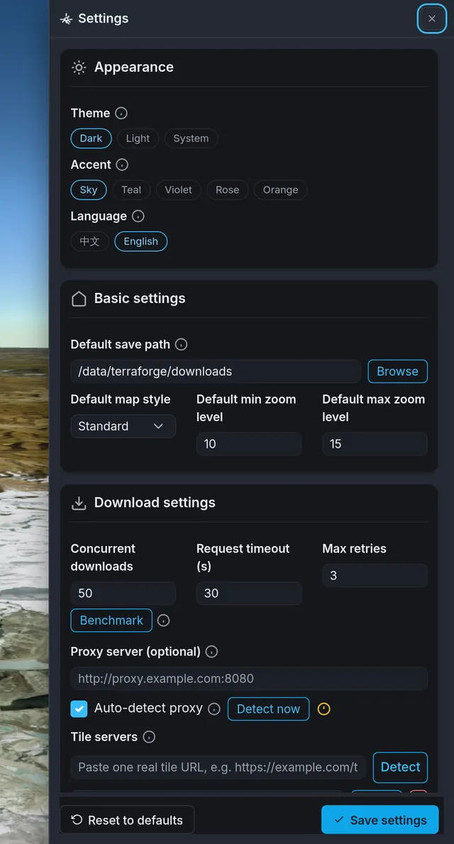 Settings panel: grouped settings for theme and accent color, default save path, download concurrency, request timeout, proxy server and the tile server list