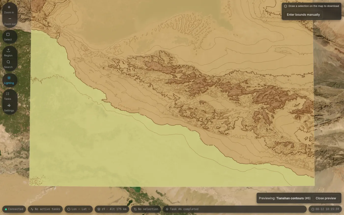 Contour tiles rendered for the Tianshan area: a hypsometric elevation ramp together with brown contour lines, laid over a satellite imagery basemap