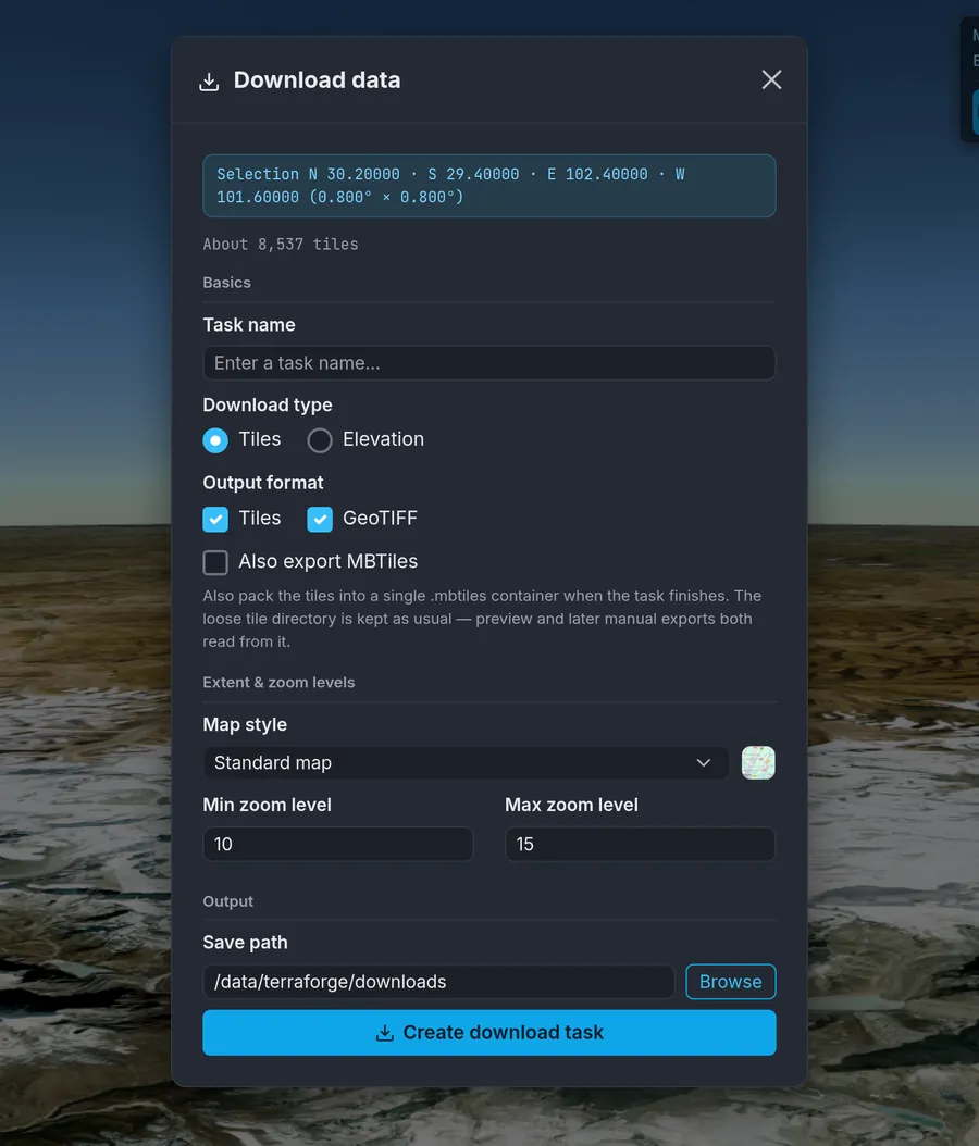 Download data dialog: shows the bounds of the selection and an estimate of 8,537 tiles, with options for tile / GeoTIFF / MBTiles output and zoom levels 10–15