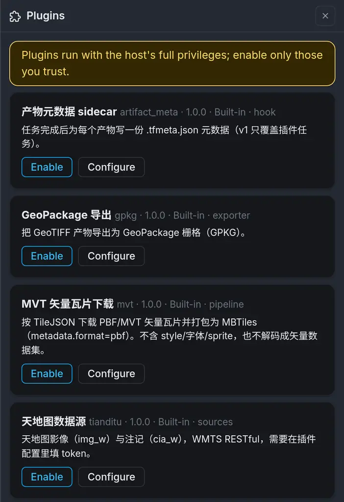 Plugin panel: four plugin cards — artifact metadata sidecar, GeoPackage export, MVT vector tile download and the Tianditu data source — each with its version, origin, capability tag and an Enable button, under a notice that plugins run with the host's full privileges