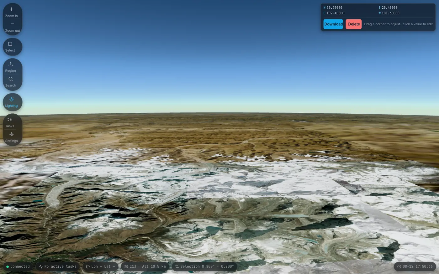 3D terrain rendering of a Himalayan ridge: a low-angle view in which the relief above the snow line and the distant horizon are clearly visible
