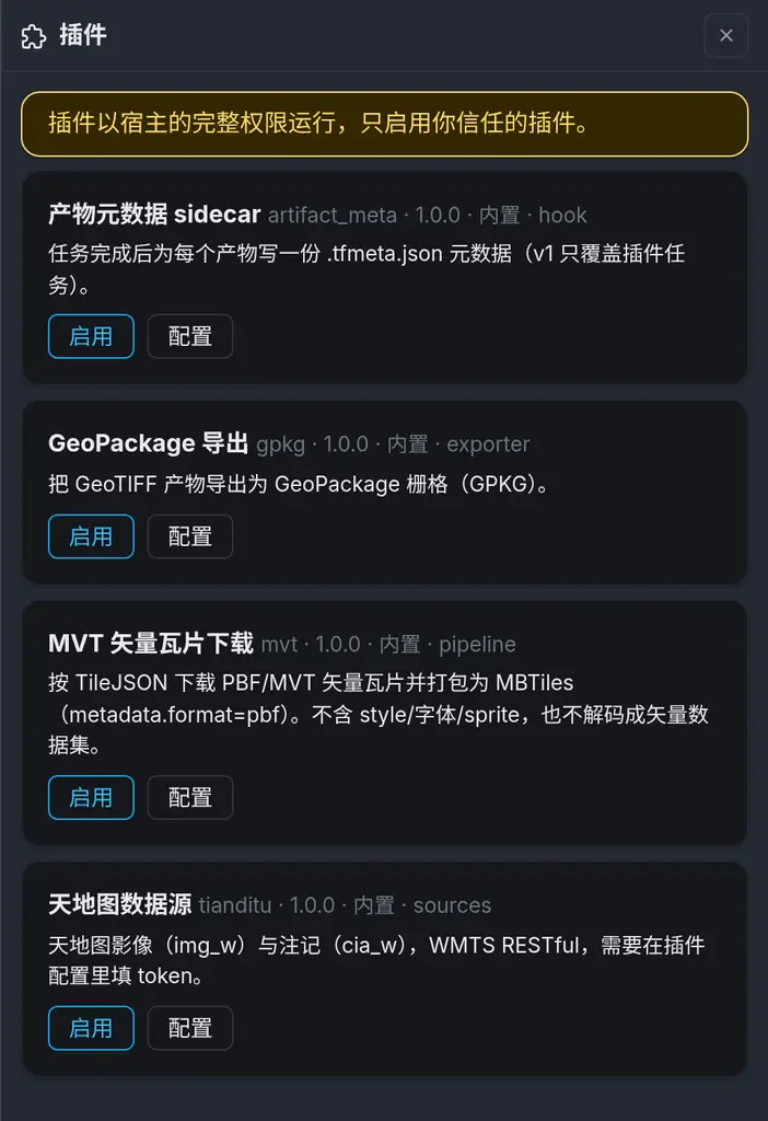 插件面板：四张插件卡片分别是产物元数据 sidecar、GeoPackage 导出、MVT 矢量瓦片下载与天地图数据源，各带版本、来源、能力标签与「启用」按钮，顶部是插件以宿主完整权限运行的提示